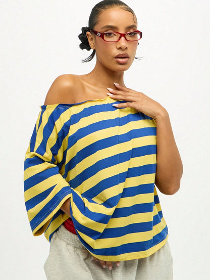 SUMWON Plus Size One Shoulder Striped T-Shirt With Bold Horizontal Pattern Casual Oversized Top