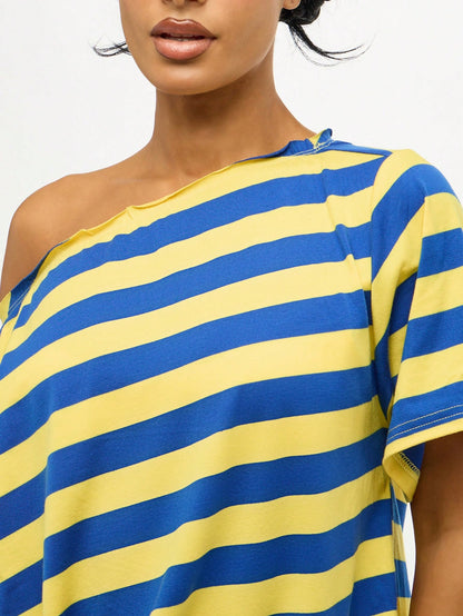 SUMWON Plus Size One Shoulder Striped T-Shirt With Bold Horizontal Pattern Casual Oversized Top