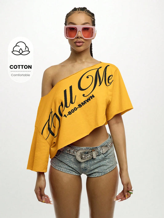 SUMWON WOMEN Off Shoulder Cropped Asymmetric Graphic Print Festival Concert Tee Short Sleeve Party Summer Casual Urban Wear Top