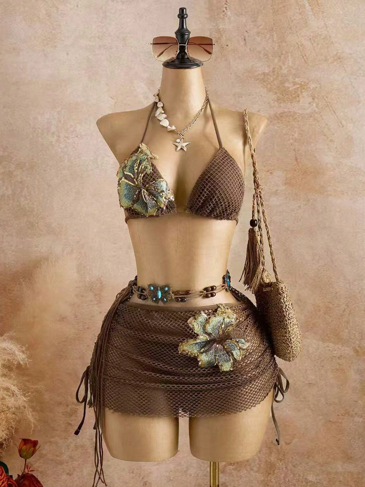 Sunnyshic Spring/Summer New Floral Print 3-Piece Bikini Set Textured Fabric Beach Vacation Bikini Swimsuit With Skirt