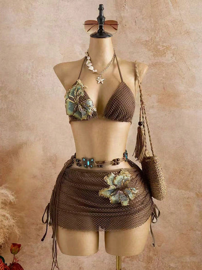 Sunnyshic Spring/Summer New Floral Print 3-Piece Bikini Set Textured Fabric Beach Vacation Bikini Swimsuit With Skirt