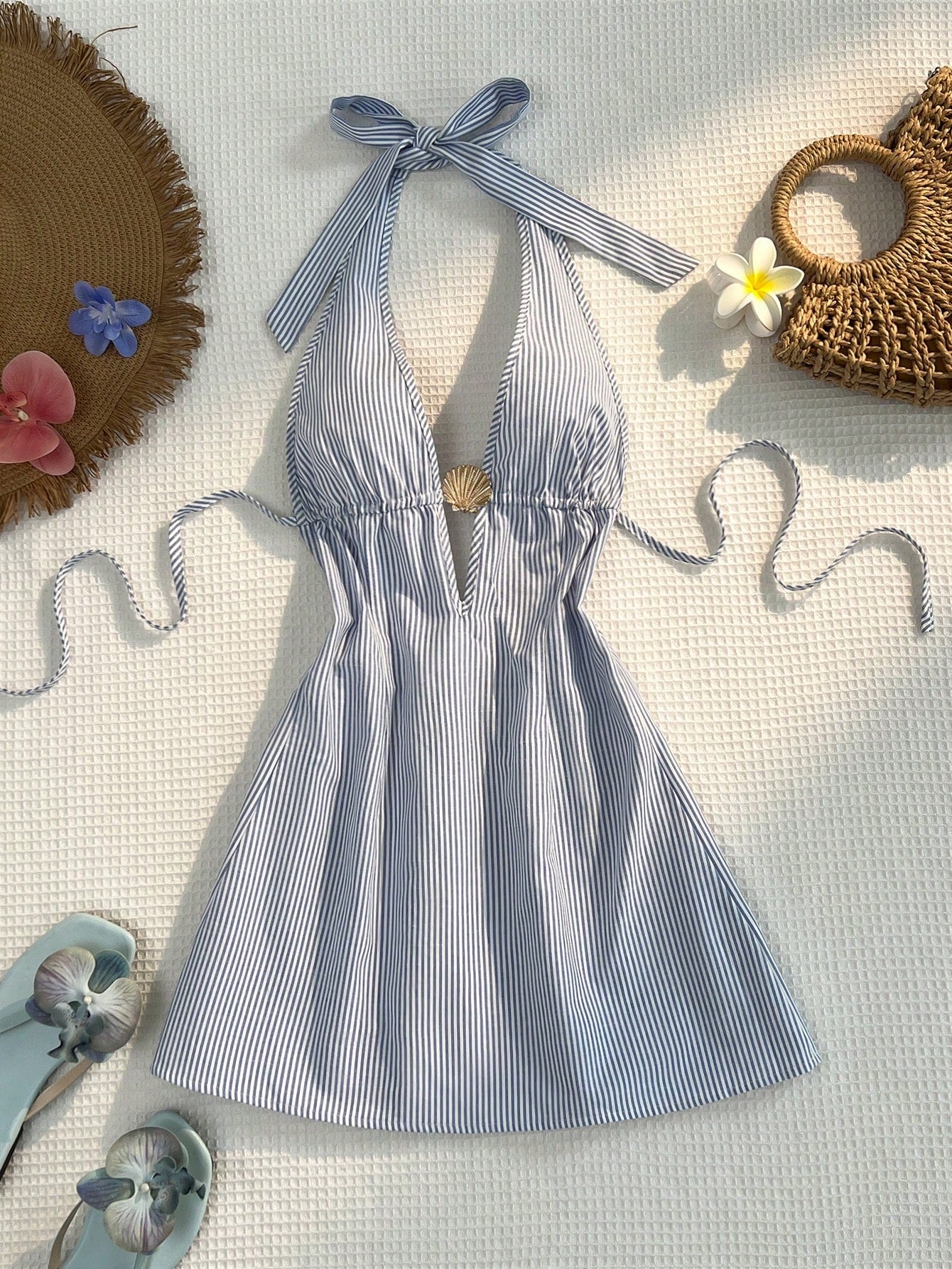 Sunnyshic Women Blue And White Stripe Bamboo Fiber Deep V Halter Backless Tie Waist A-Line Mini Dress,Summer Casual Holiday Vacation Holiday Metal Shell Decor