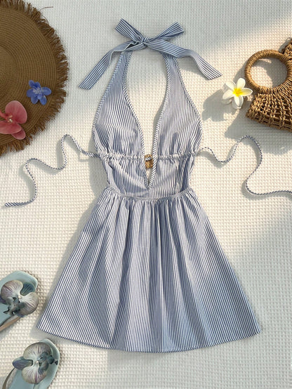 Sunnyshic Women Blue And White Stripe Bamboo Fiber Deep V Halter Backless Tie Waist A-Line Mini Dress,Summer Casual Holiday Vacation Holiday Metal Shell Decor