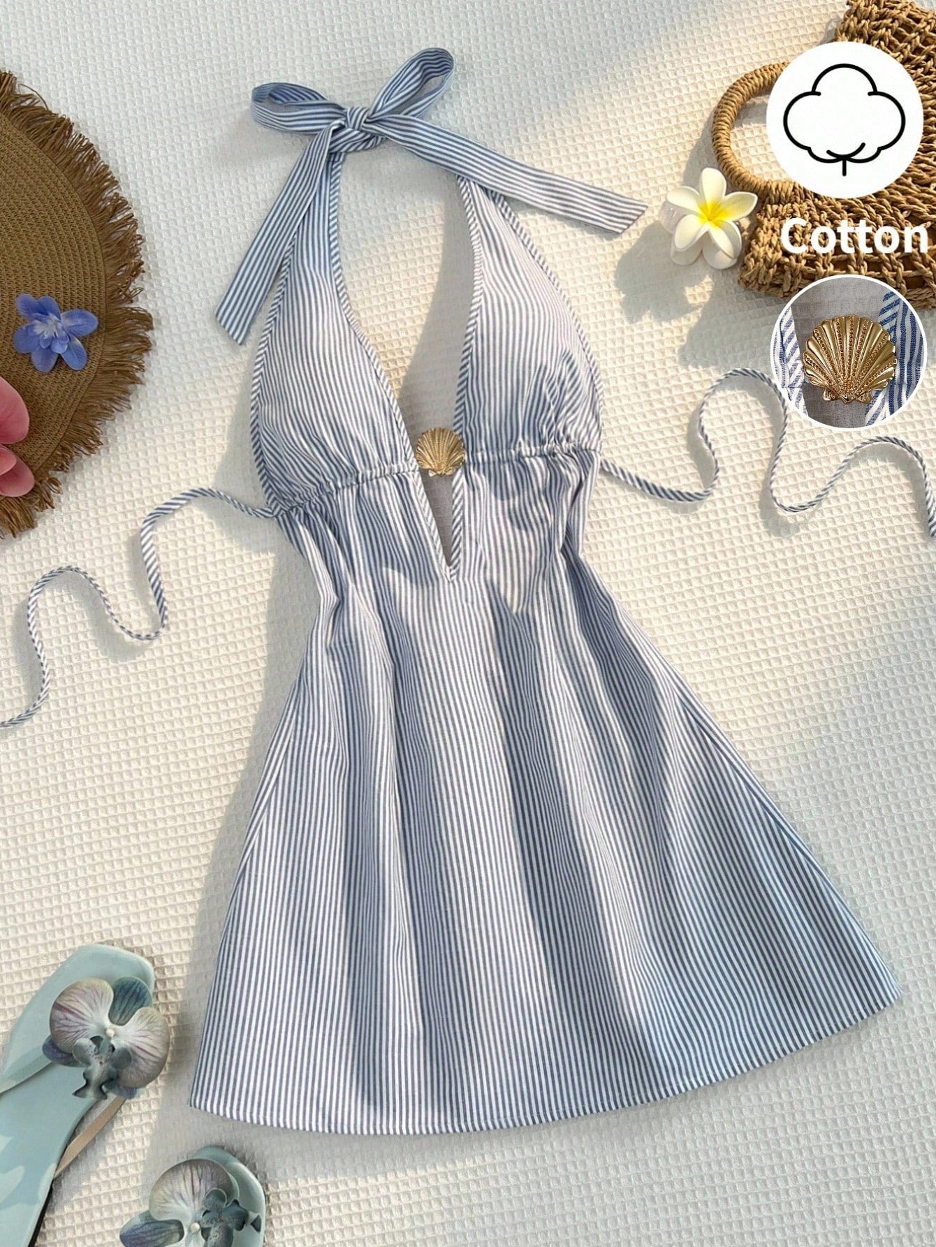 Sunnyshic Women Blue And White Stripe Bamboo Fiber Deep V Halter Backless Tie Waist A-Line Mini Dress,Summer Casual Holiday Vacation Holiday Metal Shell Decor