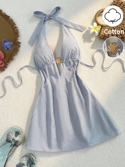 Sunnyshic Women Blue And White Stripe Bamboo Fiber Deep V Halter Backless Tie Waist A-Line Mini Dress,Summer Casual Holiday Vacation Holiday Metal Shell Decor