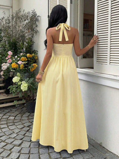 Sunnyshic Women's Blue And White Striped Bandeau Strapless Tie Back Open Back A-Line Minimalist Premium Casual Vacation Sexy European And American Style Maxi Dress