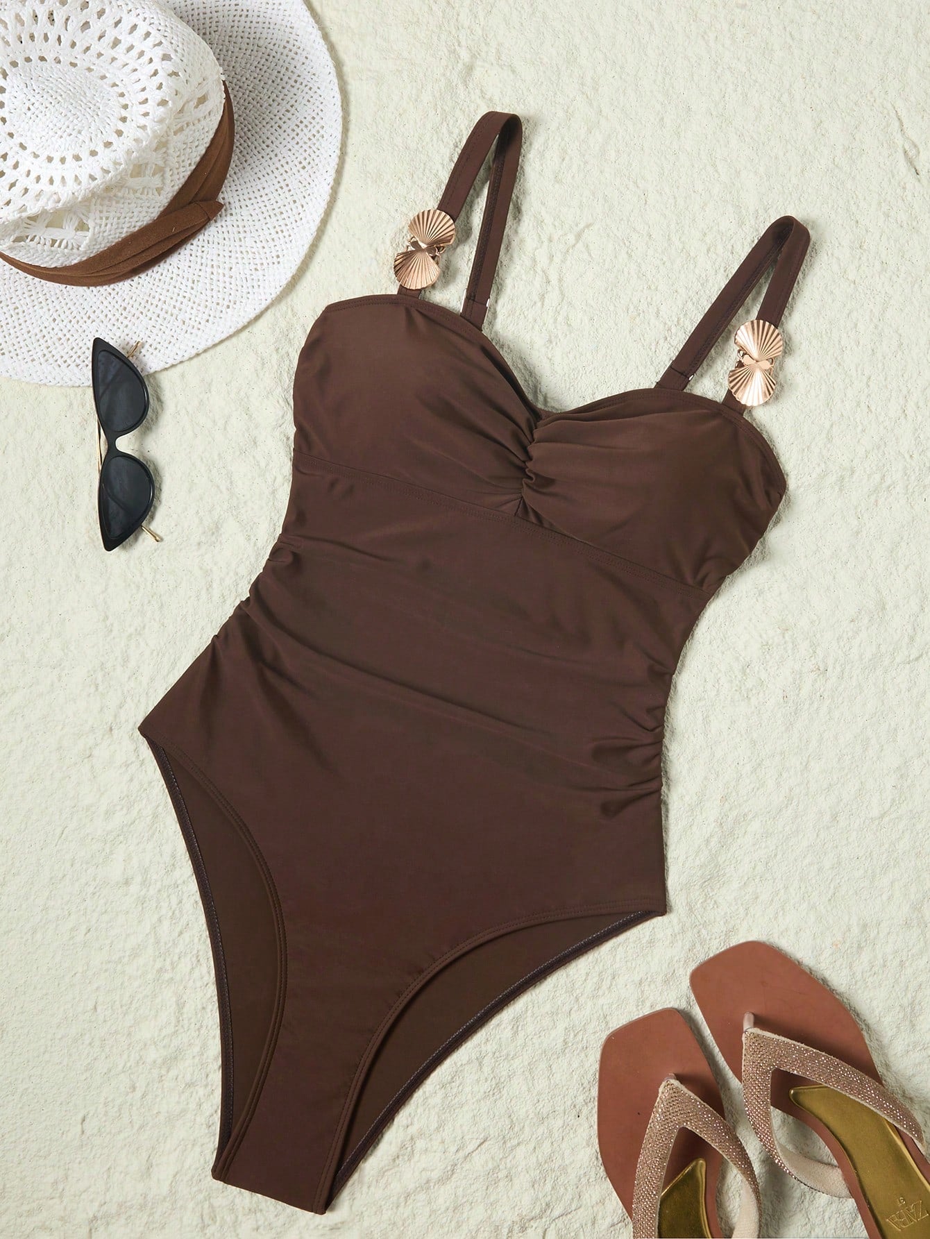 Sunnyshic Women's Brown Nylon Fabric Thick Strap Round Cup One-Piece Swimsuit Beachwear