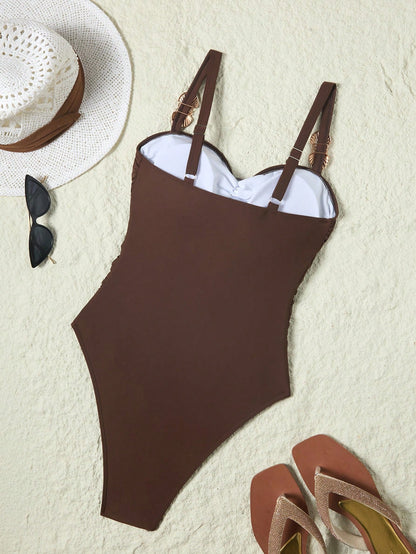 Sunnyshic Women's Brown Nylon Fabric Thick Strap Round Cup One-Piece Swimsuit Beachwear