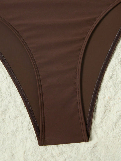Sunnyshic Women's Brown Nylon Fabric Thick Strap Round Cup One-Piece Swimsuit Beachwear