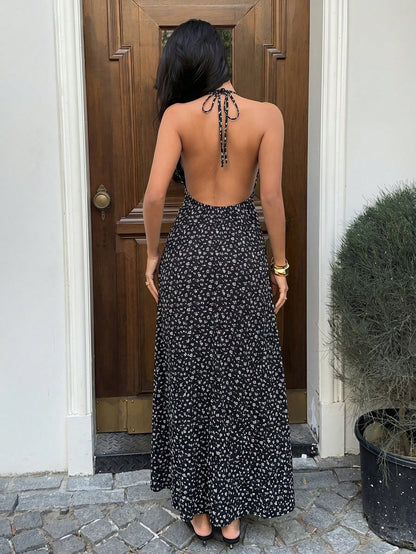 Sunnyshic Women's Long Black Floral Dress With Lace Trim, V-Neck, Halter Neck, Open Back, A-Line, Cinched Waist, Summer Elegant Holiday Vacation, Sweet, Casual Beach Dress