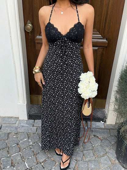 Sunnyshic Women's Long Black Floral Dress With Lace Trim, V-Neck, Halter Neck, Open Back, A-Line, Cinched Waist, Summer Elegant Holiday Vacation, Sweet, Casual Beach Dress