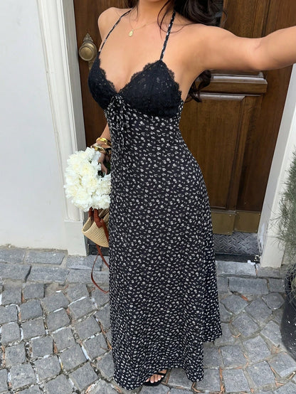 Sunnyshic Women's Long Black Floral Dress With Lace Trim, V-Neck, Halter Neck, Open Back, A-Line, Cinched Waist, Summer Elegant Holiday Vacation, Sweet, Casual Beach Dress