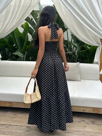 Sunnyshic Women's Spring/Summer Black Polka Dot Print Mid-Neck Halter Neck Tie Backless Cinched Waist A-Line Maxi Dress, Vacation Beach Bohemian Elegant Wedding Season Cute Vintage Romantic Daily Comm