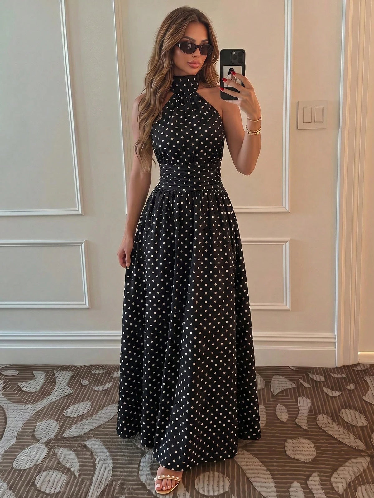 Sunnyshic Women's Spring/Summer Black Polka Dot Print Mid-Neck Halter Neck Tie Backless Cinched Waist A-Line Maxi Dress, Vacation Beach Bohemian Elegant Wedding Season Cute Vintage Romantic Daily Comm