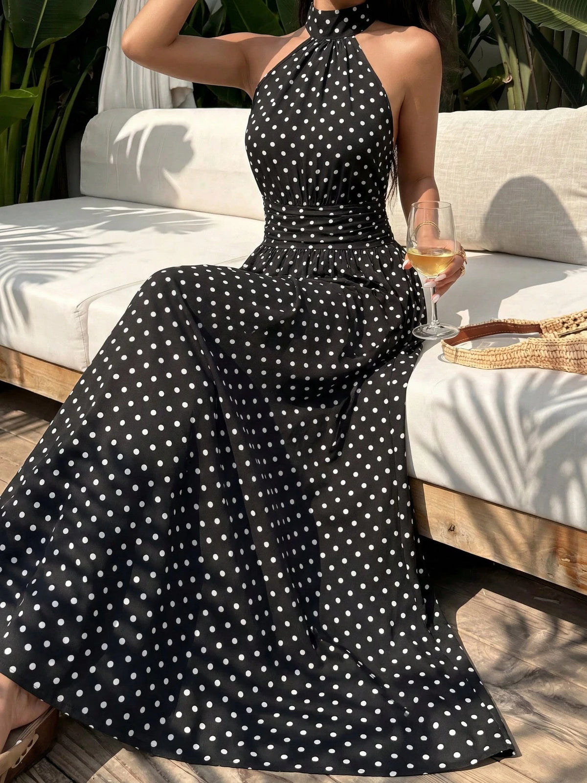 Sunnyshic Women's Spring/Summer Black Polka Dot Print Mid-Neck Halter Neck Tie Backless Cinched Waist A-Line Maxi Dress, Vacation Beach Bohemian Elegant Wedding Season Cute Vintage Romantic Daily Comm