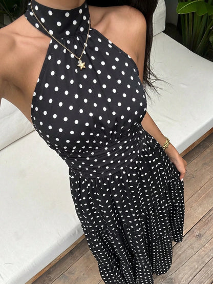 Sunnyshic Women's Spring/Summer Black Polka Dot Print Mid-Neck Halter Neck Tie Backless Cinched Waist A-Line Maxi Dress, Vacation Beach Bohemian Elegant Wedding Season Cute Vintage Romantic Daily Comm