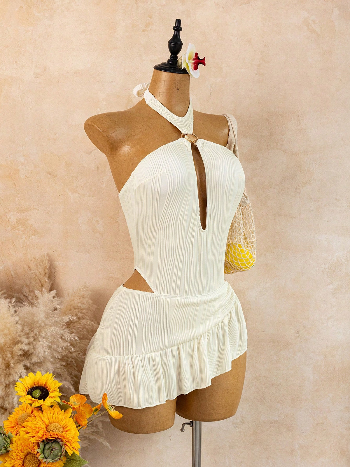Sunnyshic Women's Summer Cream Yellow Textured Fabric Halter Neck Hollow Out Shell Metal Ring Design Ruffle One-Piece Swimsuit Sexy Slimming Flattering Beach Hot Spring Vacation Swimwear