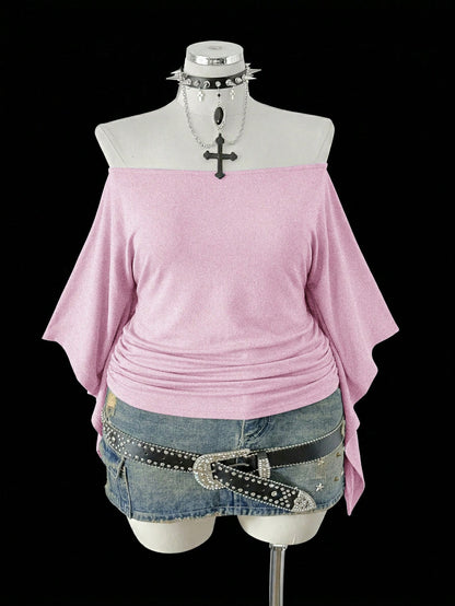Sunspun-D Plus Size Women's Off-Shoulder Ruched Waist Vintage Punk Style Long Sleeve T-Shirt, Suitable For Daily Wear, Commuting And Office