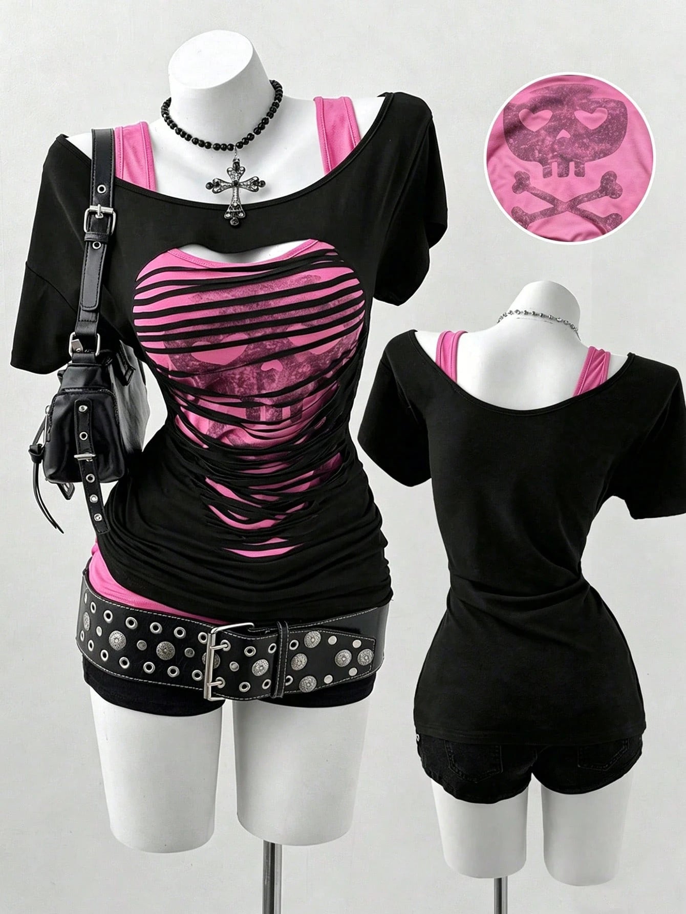 Sunspun Plus Size Oblique Shoulder 2 In 1 Skull Print Contrast Color Long Sleeve T-Shirt