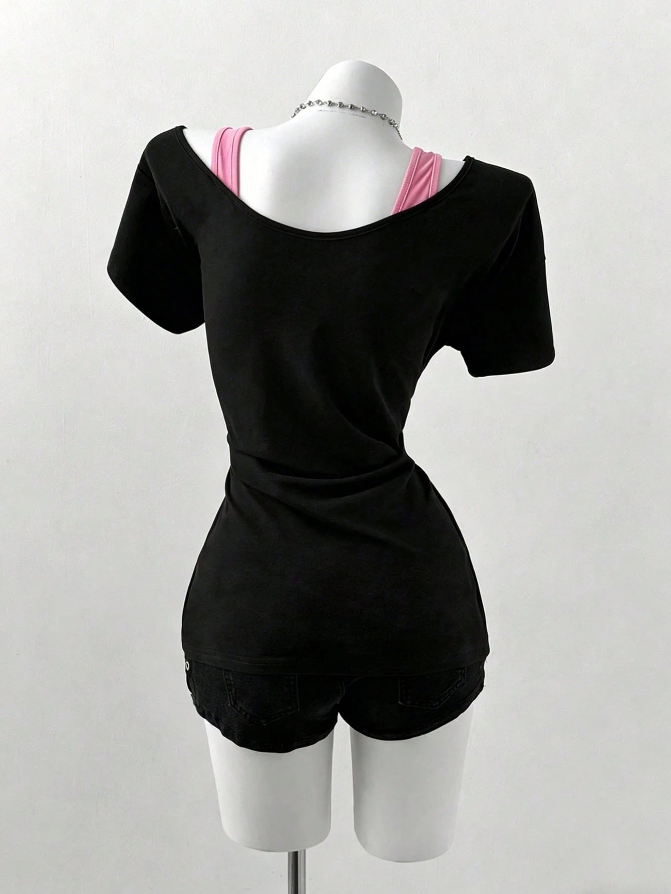 Sunspun Plus Size Oblique Shoulder 2 In 1 Skull Print Contrast Color Long Sleeve T-Shirt