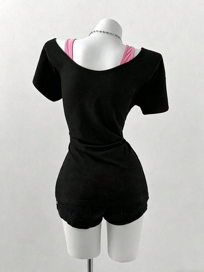 Sunspun Plus Size Oblique Shoulder 2 In 1 Skull Print Contrast Color Long Sleeve T-Shirt
