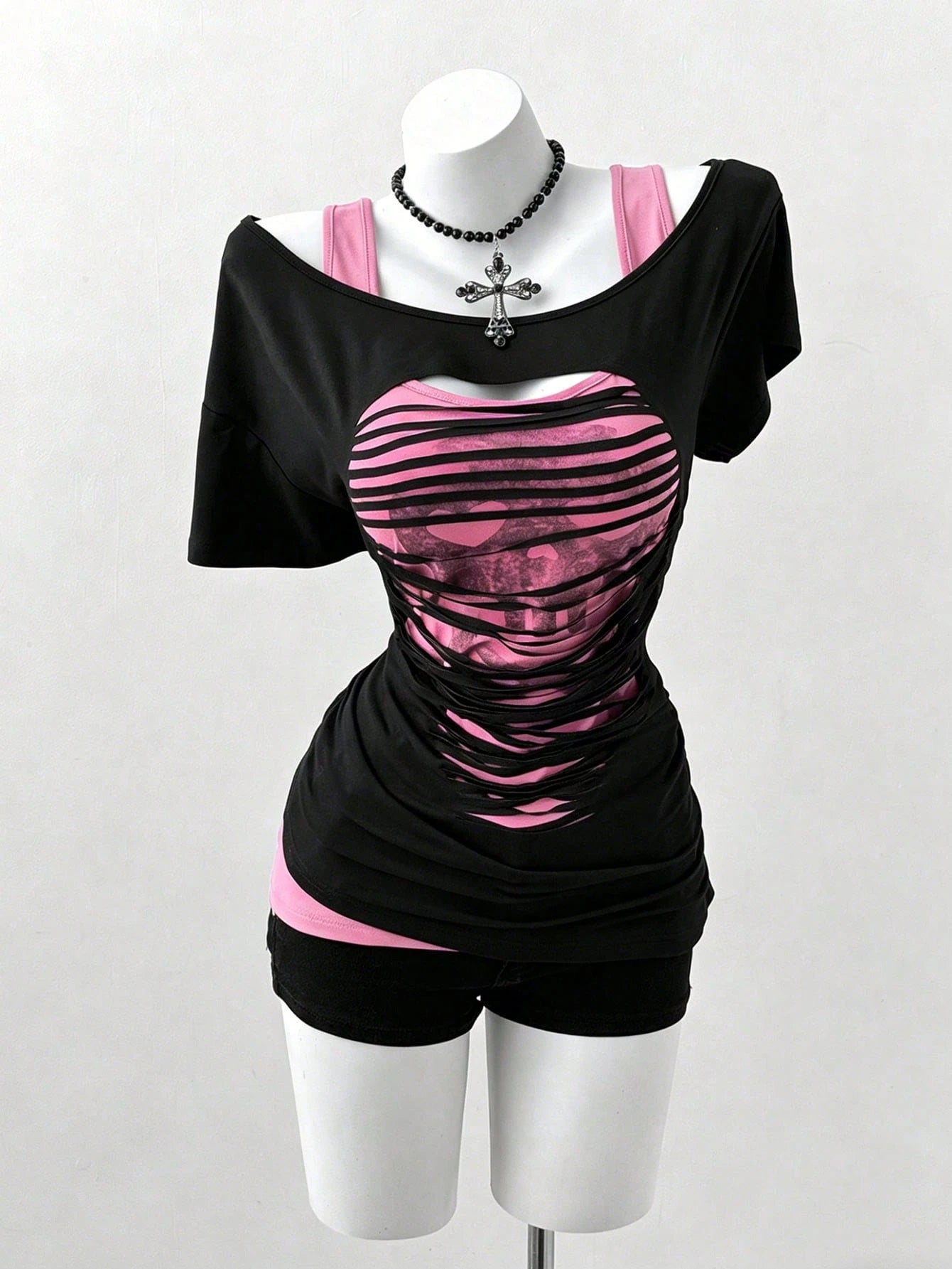 Sunspun Plus Size Oblique Shoulder 2 In 1 Skull Print Contrast Color Long Sleeve T-Shirt