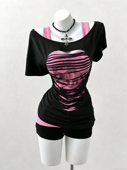 Sunspun Plus Size Oblique Shoulder 2 In 1 Skull Print Contrast Color Long Sleeve T-Shirt