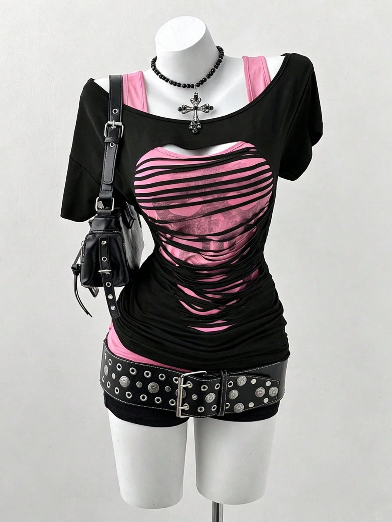 Sunspun Plus Size Oblique Shoulder 2 In 1 Skull Print Contrast Color Long Sleeve T-Shirt