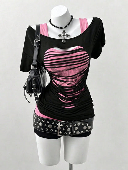 Sunspun Plus Size Oblique Shoulder 2 In 1 Skull Print Contrast Color Long Sleeve T-Shirt