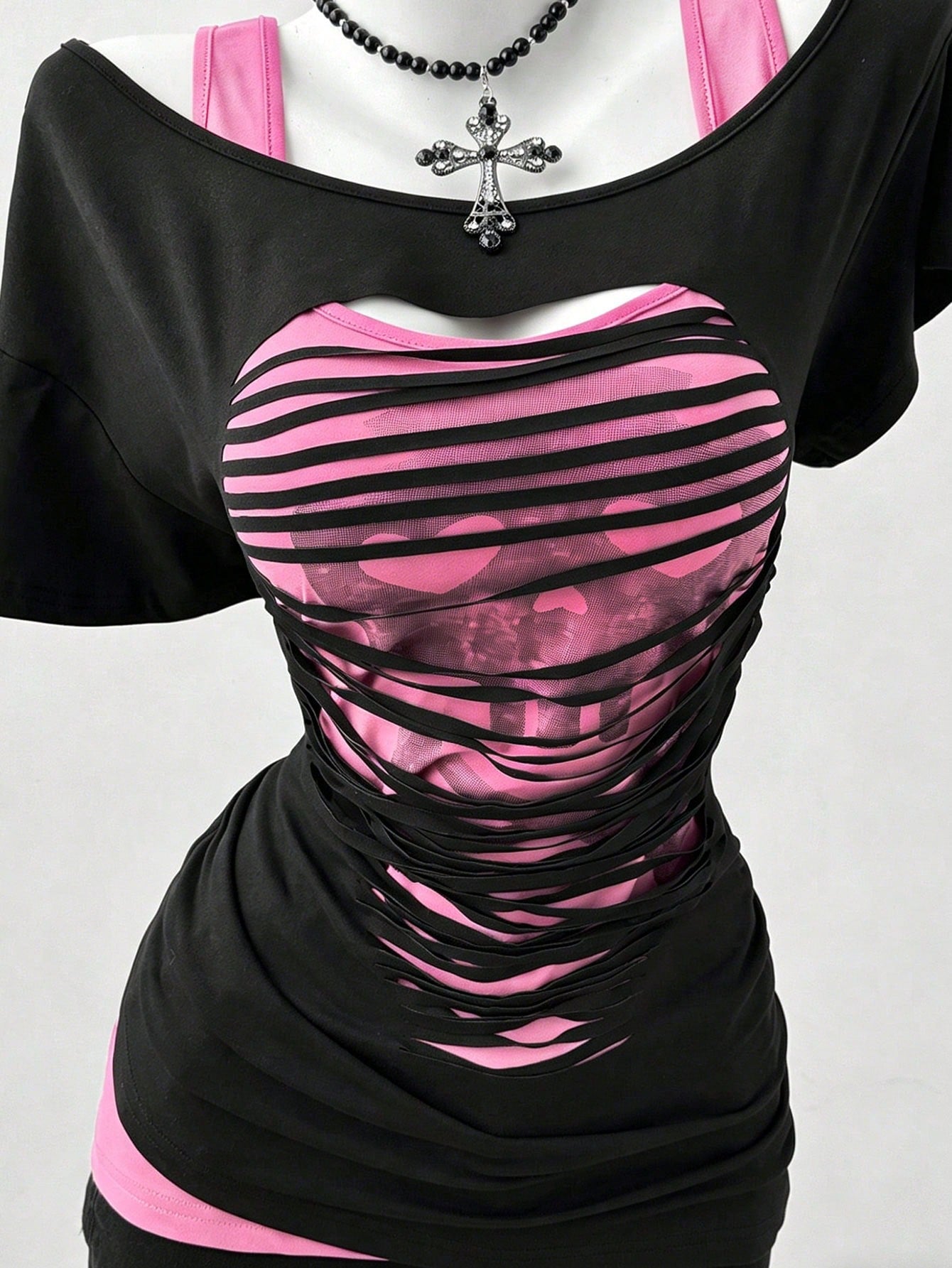 Sunspun Plus Size Oblique Shoulder 2 In 1 Skull Print Contrast Color Long Sleeve T-Shirt