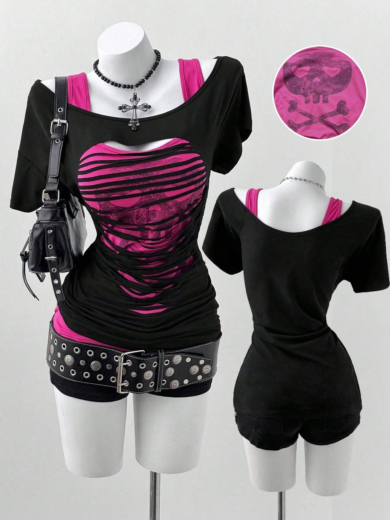 Sunspun Plus Size Oblique Shoulder 2 In 1 Skull Print Contrast Color Long Sleeve T-Shirt