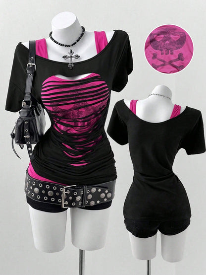 Sunspun Plus Size Oblique Shoulder 2 In 1 Skull Print Contrast Color Long Sleeve T-Shirt