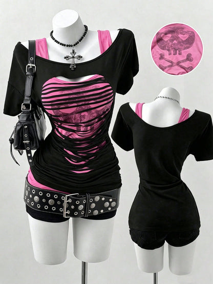 Sunspun Plus Size Oblique Shoulder 2 In 1 Skull Print Contrast Color Long Sleeve T-Shirt