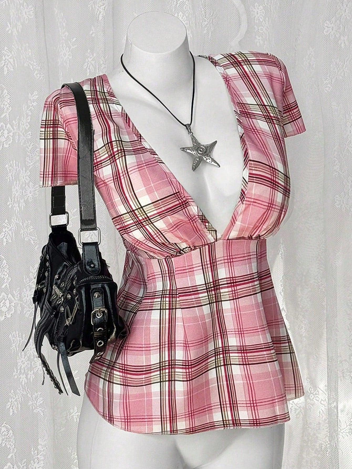 Sunspun Plus Size Vintage Pink Plaid Shirt, Cute Fitted Plaid Striped Casual Comfortable Shirt