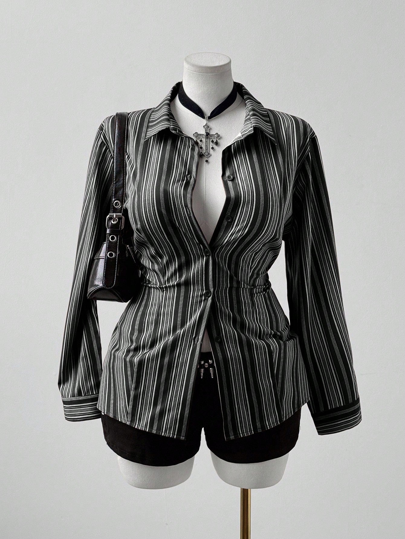 Sunspun Women Plus Size Striped Long Sleeve Fitted Button Down Shirt,Black And White,Autumn,Elegant,Goth,Night Out Club,Casual Vintage Pinstripe Fall Blouse