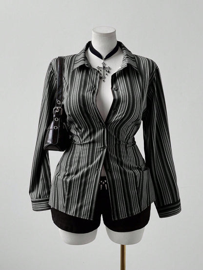 Sunspun Women Plus Size Striped Long Sleeve Fitted Button Down Shirt,Black And White,Autumn,Elegant,Goth,Night Out Club,Casual Vintage Pinstripe Fall Blouse
