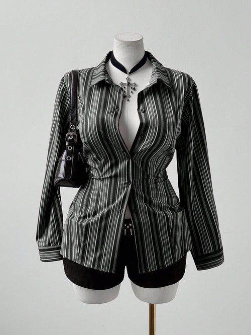 Sunspun Women Plus Size Striped Long Sleeve Fitted Button Down Shirt,Black And White,Autumn,Elegant,Goth,Night Out Club,Casual Vintage Pinstripe Fall Blouse
