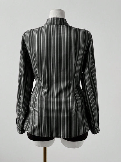 Sunspun Women Plus Size Striped Long Sleeve Fitted Button Down Shirt,Black And White,Autumn,Elegant,Goth,Night Out Club,Casual Vintage Pinstripe Fall Blouse