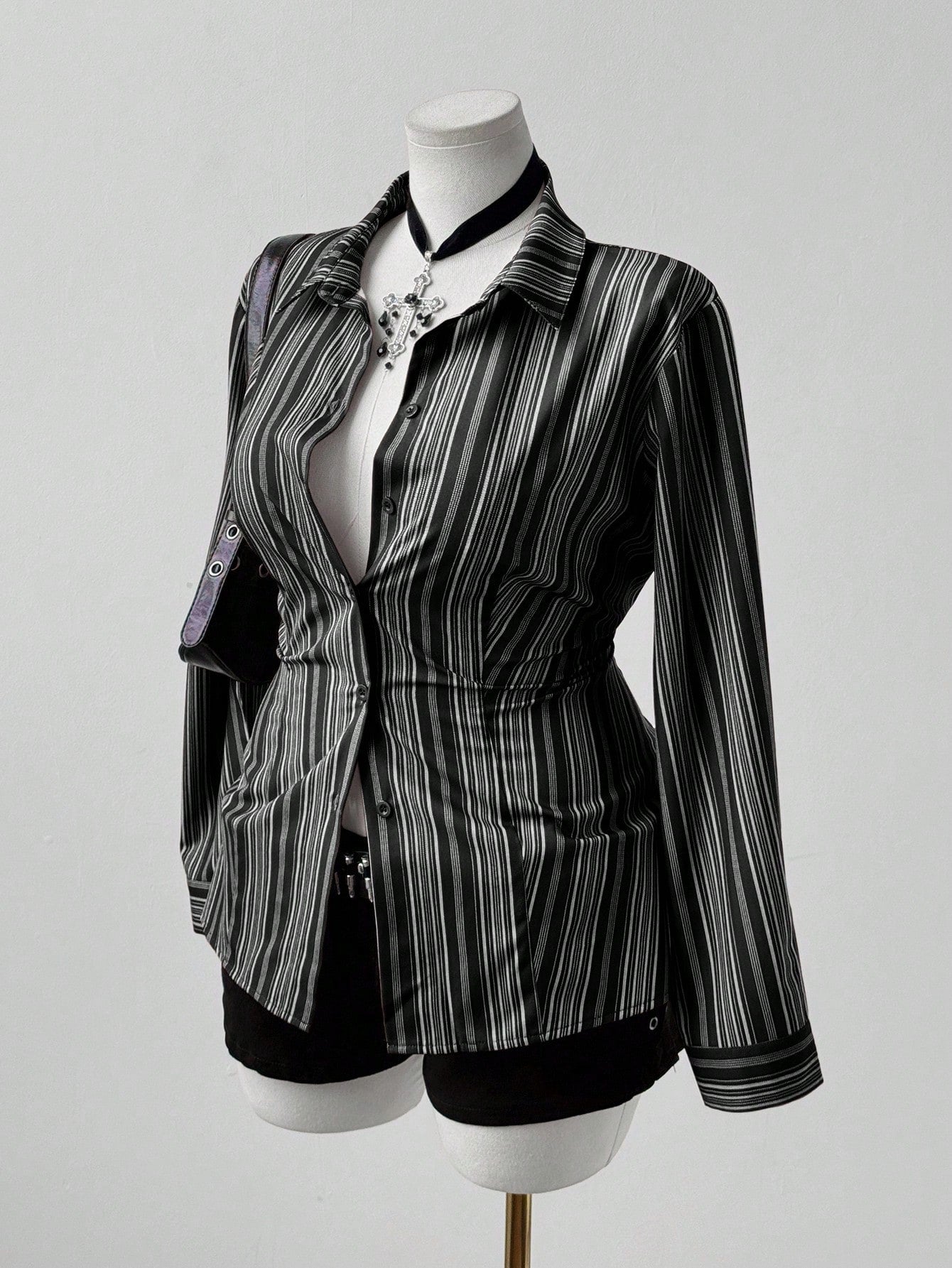 Sunspun Women Plus Size Striped Long Sleeve Fitted Button Down Shirt,Black And White,Autumn,Elegant,Goth,Night Out Club,Casual Vintage Pinstripe Fall Blouse