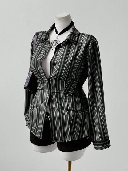 Sunspun Women Plus Size Striped Long Sleeve Fitted Button Down Shirt,Black And White,Autumn,Elegant,Goth,Night Out Club,Casual Vintage Pinstripe Fall Blouse