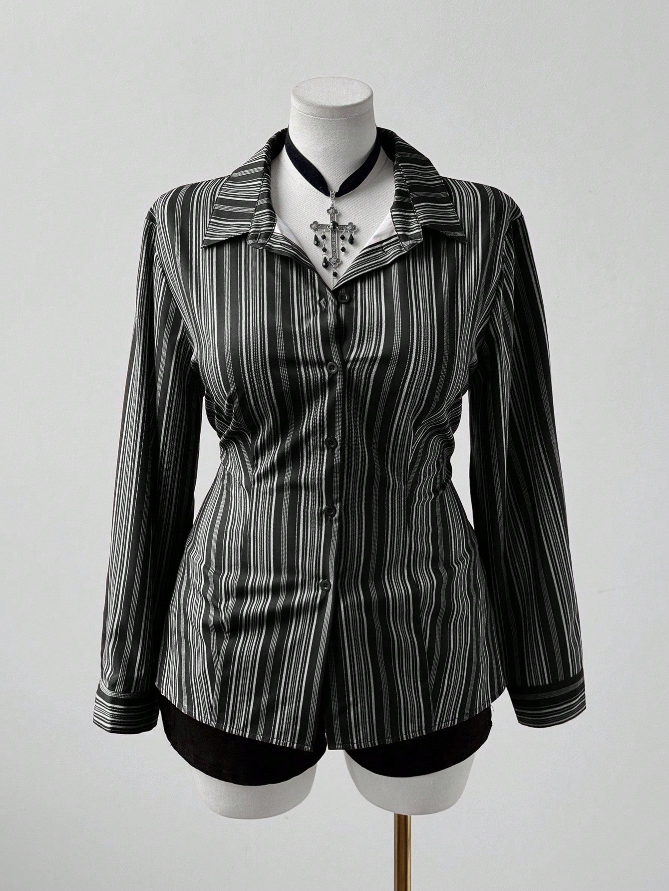 Sunspun Women Plus Size Striped Long Sleeve Fitted Button Down Shirt,Black And White,Autumn,Elegant,Goth,Night Out Club,Casual Vintage Pinstripe Fall Blouse