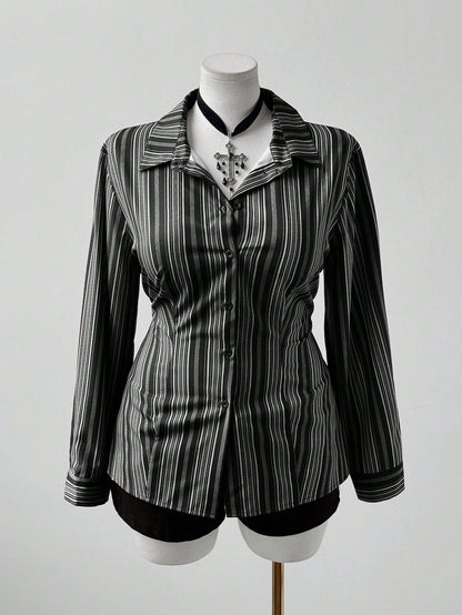 Sunspun Women Plus Size Striped Long Sleeve Fitted Button Down Shirt,Black And White,Autumn,Elegant,Goth,Night Out Club,Casual Vintage Pinstripe Fall Blouse