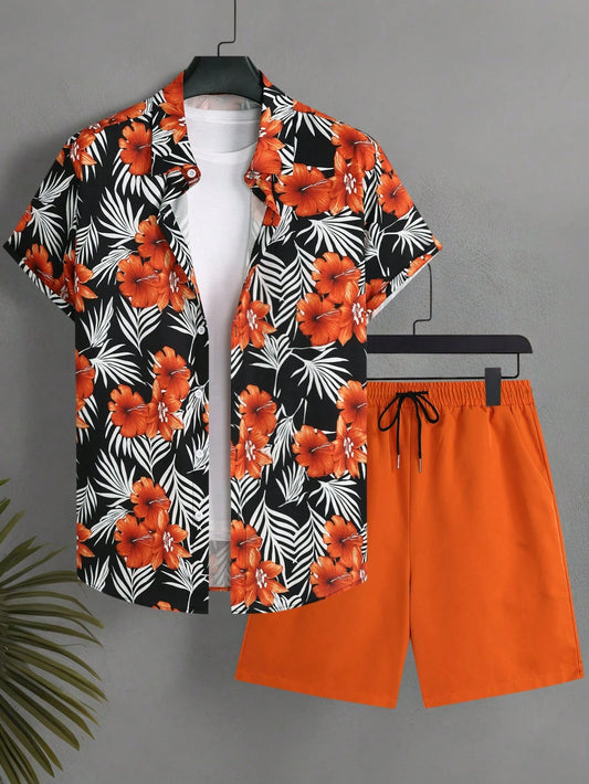 Surfspeed Plus Size Men Floral Print Single-Breasted Short Sleeve Top And Shorts Casual Holiday Beach Suit Tropical Outfit For Men Mens Summer Holiday Clothes Streetwear Holiday/ Vacation/ Beach/ H