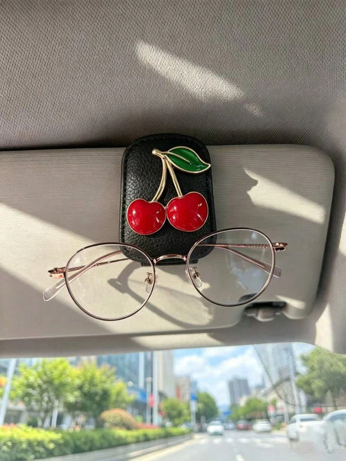 Sweet Red Cherry Leather Car Fashion Glasses Clip, Black & Pink Dual Color Sun Visor Fashion Glasses & Ticket Holder, Girly Cute Car Interior Clip
