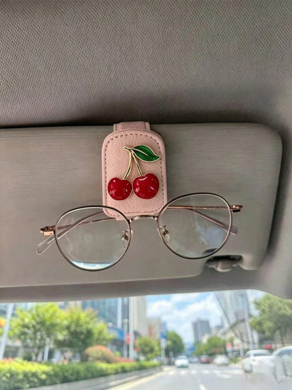 Sweet Red Cherry Leather Car Fashion Glasses Clip, Black & Pink Dual Color Sun Visor Fashion Glasses & Ticket Holder, Girly Cute Car Interior Clip