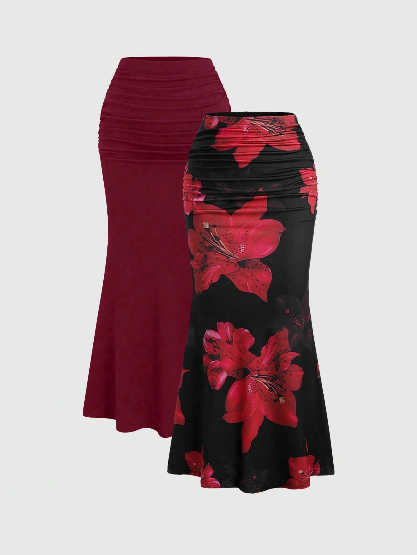 Sweetra 2pcs Women's Elegant Party Solid Color Mermaid Skirt And Floral Print Skirt Set