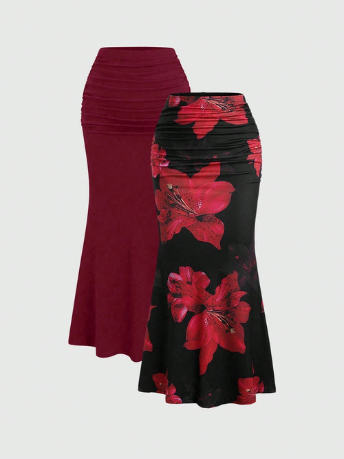 Sweetra 2pcs Women's Elegant Party Solid Color Mermaid Skirt And Floral Print Skirt Set