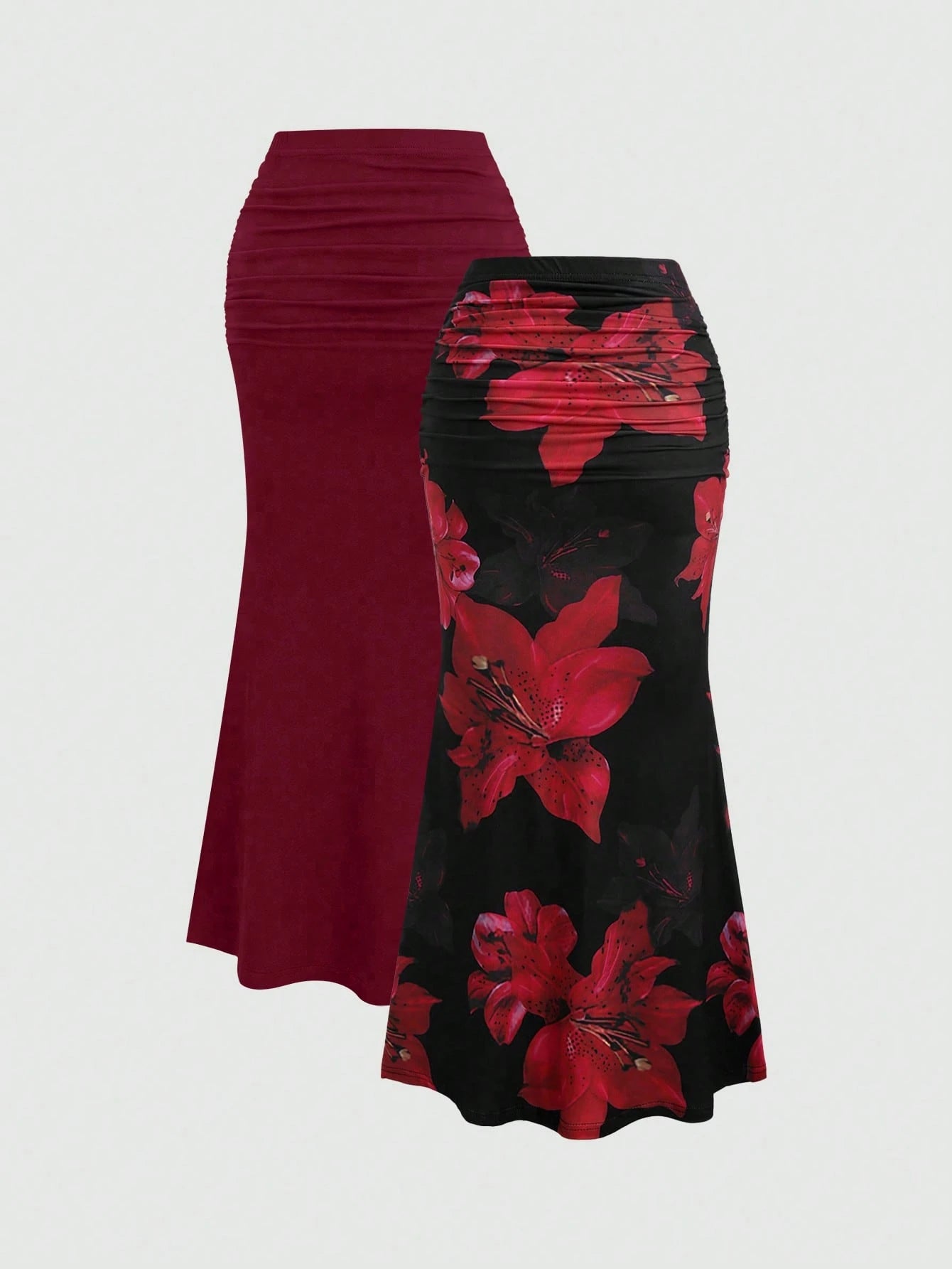 Sweetra 2pcs Women's Elegant Party Solid Color Mermaid Skirt And Floral Print Skirt Set