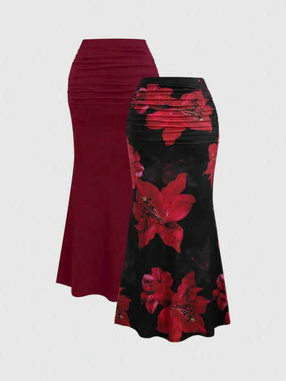 Sweetra 2pcs Women's Elegant Party Solid Color Mermaid Skirt And Floral Print Skirt Set