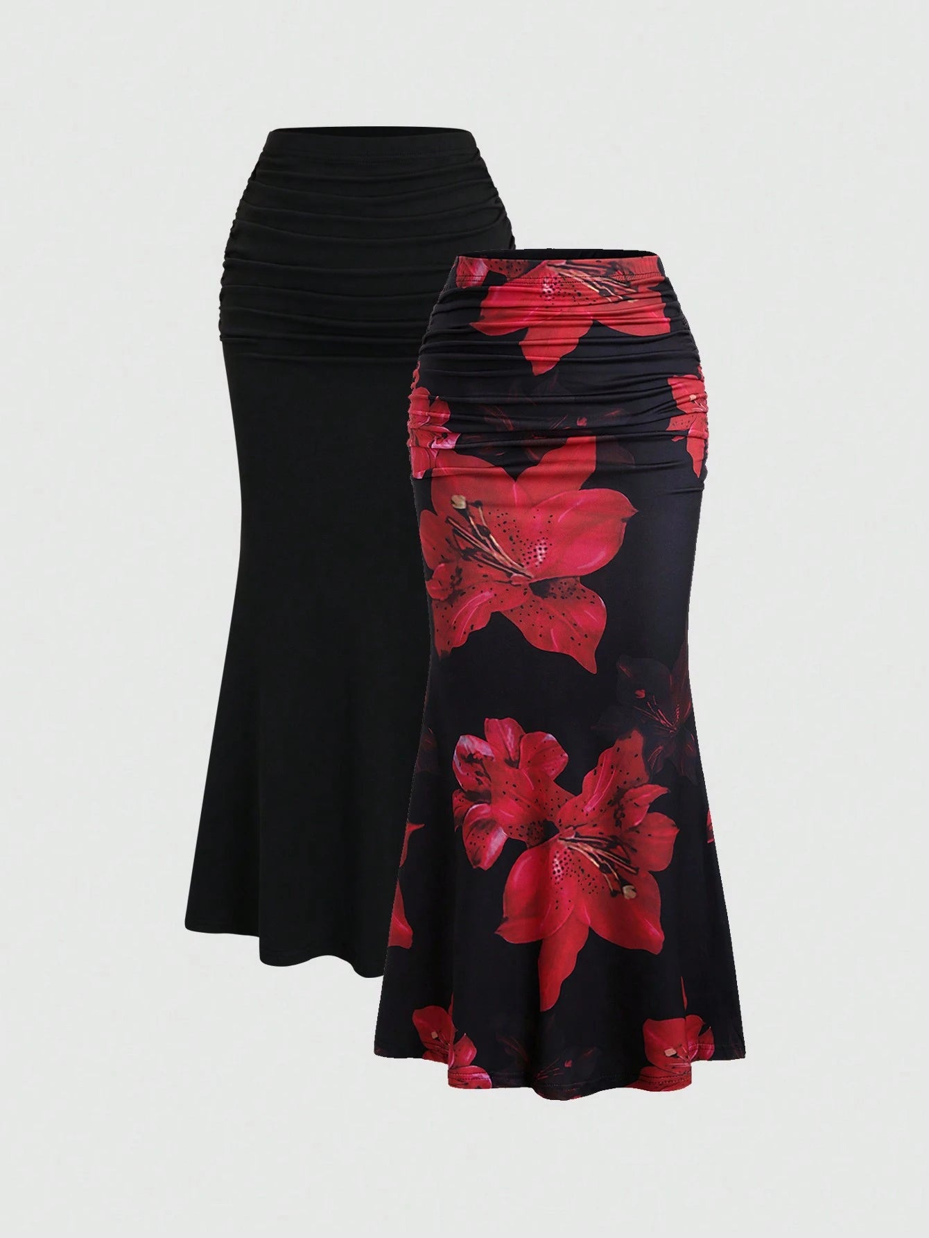 Sweetra 2pcs Women's Elegant Party Solid Color Mermaid Skirt And Floral Print Skirt Set